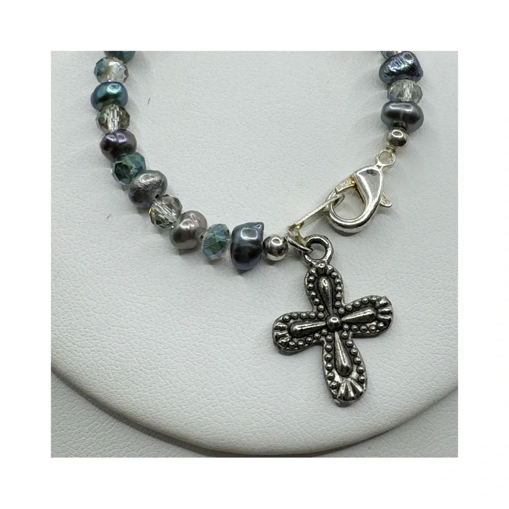 Genuine baroque pearl silver cross children’s bracelet iridescent faceted beads